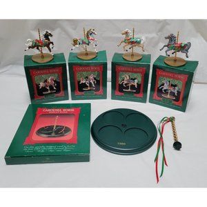 1989 Hallmark Christmas Carousel 4 Horse Set w/ Stand GINGER STAR HOLLY SNOW